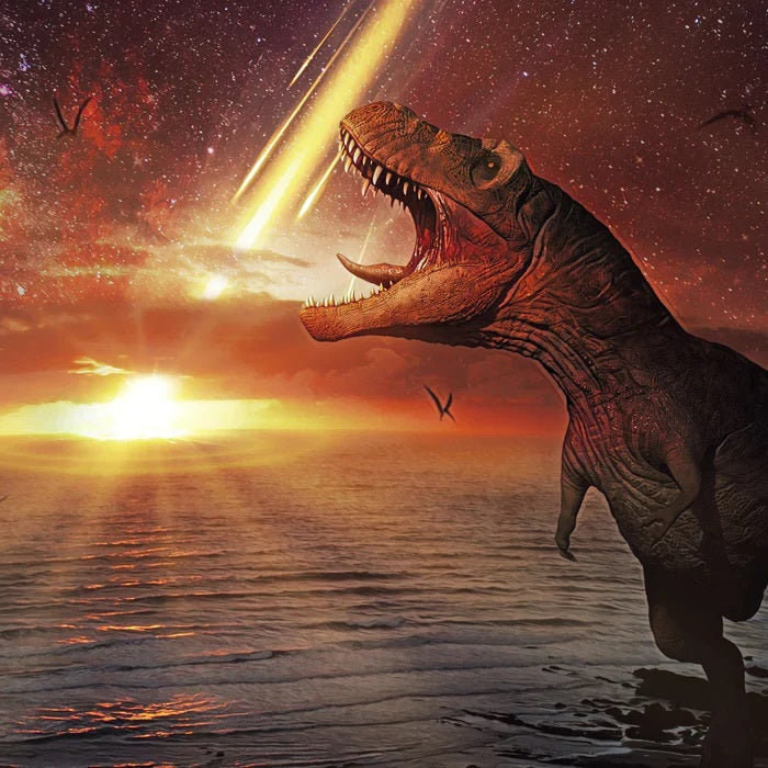 An illustration of a dinosaur witnessing the asteroid impact.