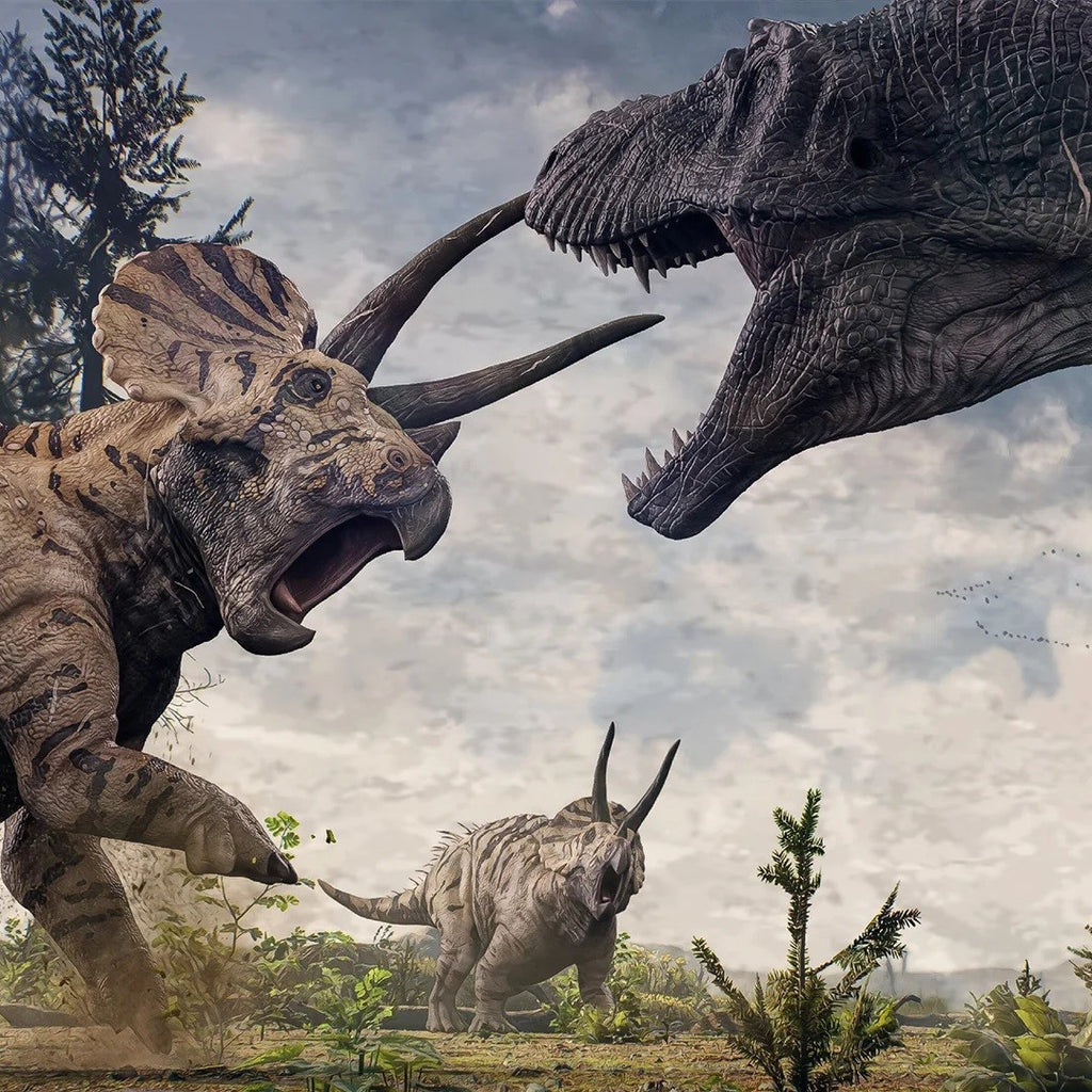 A T. Rex and Triceratops in battle
