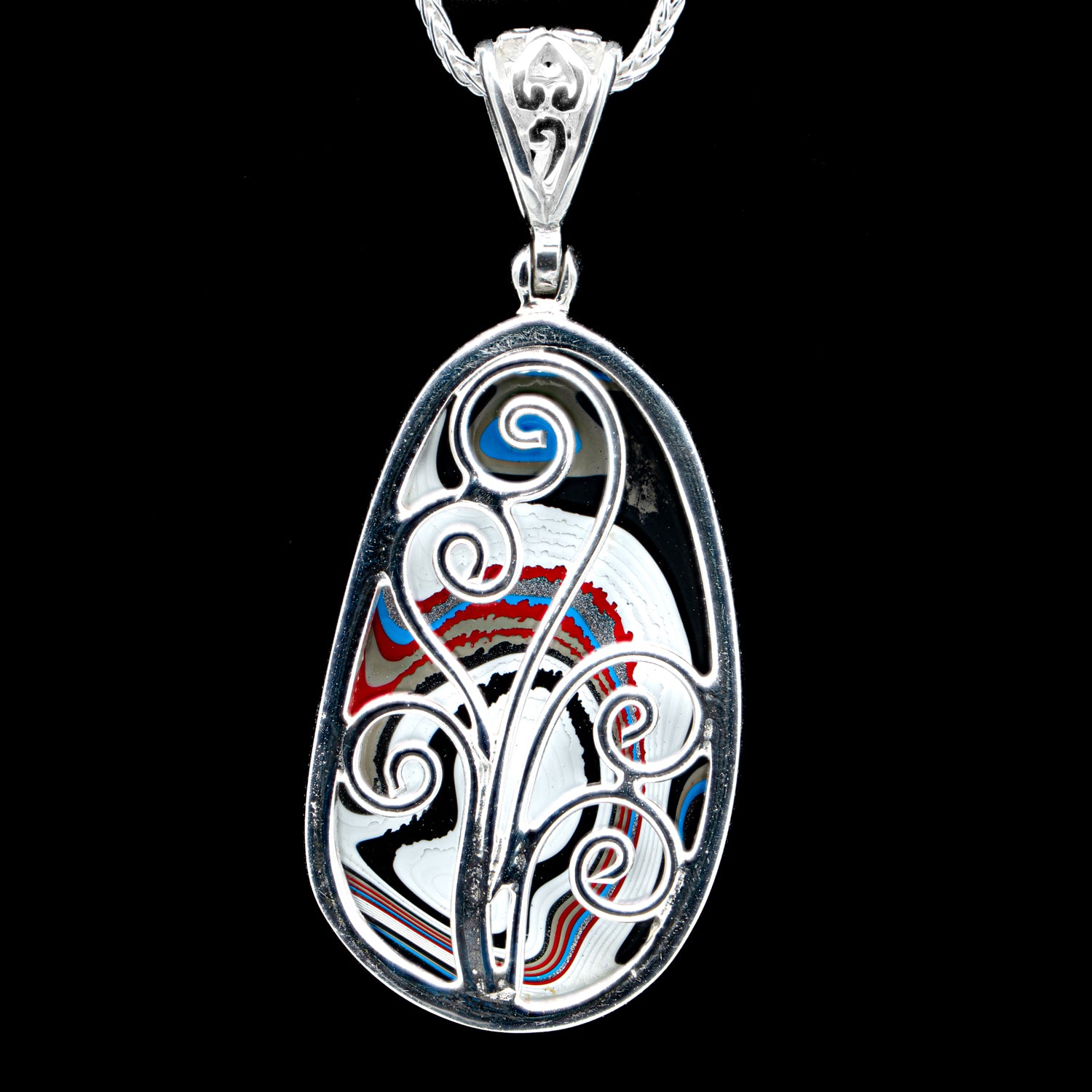 Handcrafted Kenworth fordite pendant necklace, set shops in sterling silver