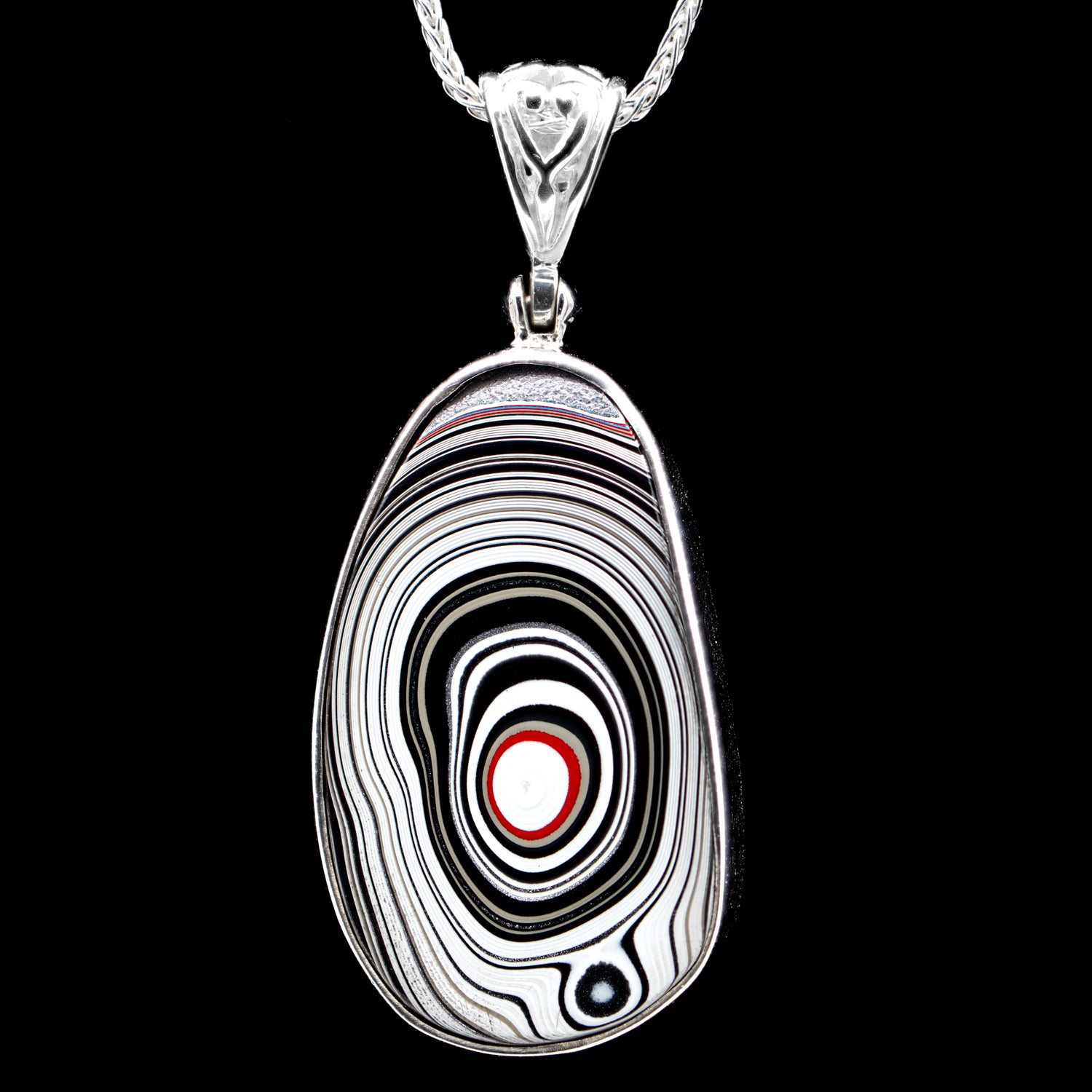 Detroit Fordite Necklace Recycled Vintage shops Auto Paint Red Yellow Sunset Fiery Flame Sky Blue Drop Medallion Sterling Silver Jet Black Rocker