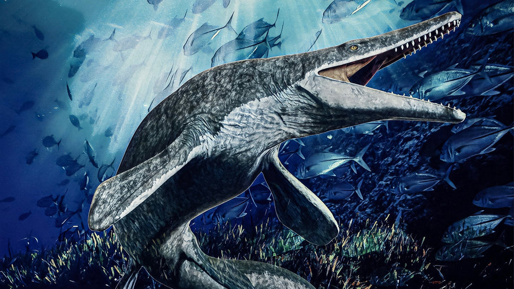 An artist's depiction of the marine reptile Mosasaur. It swims in an ancient blue ocean surrounded by fish.