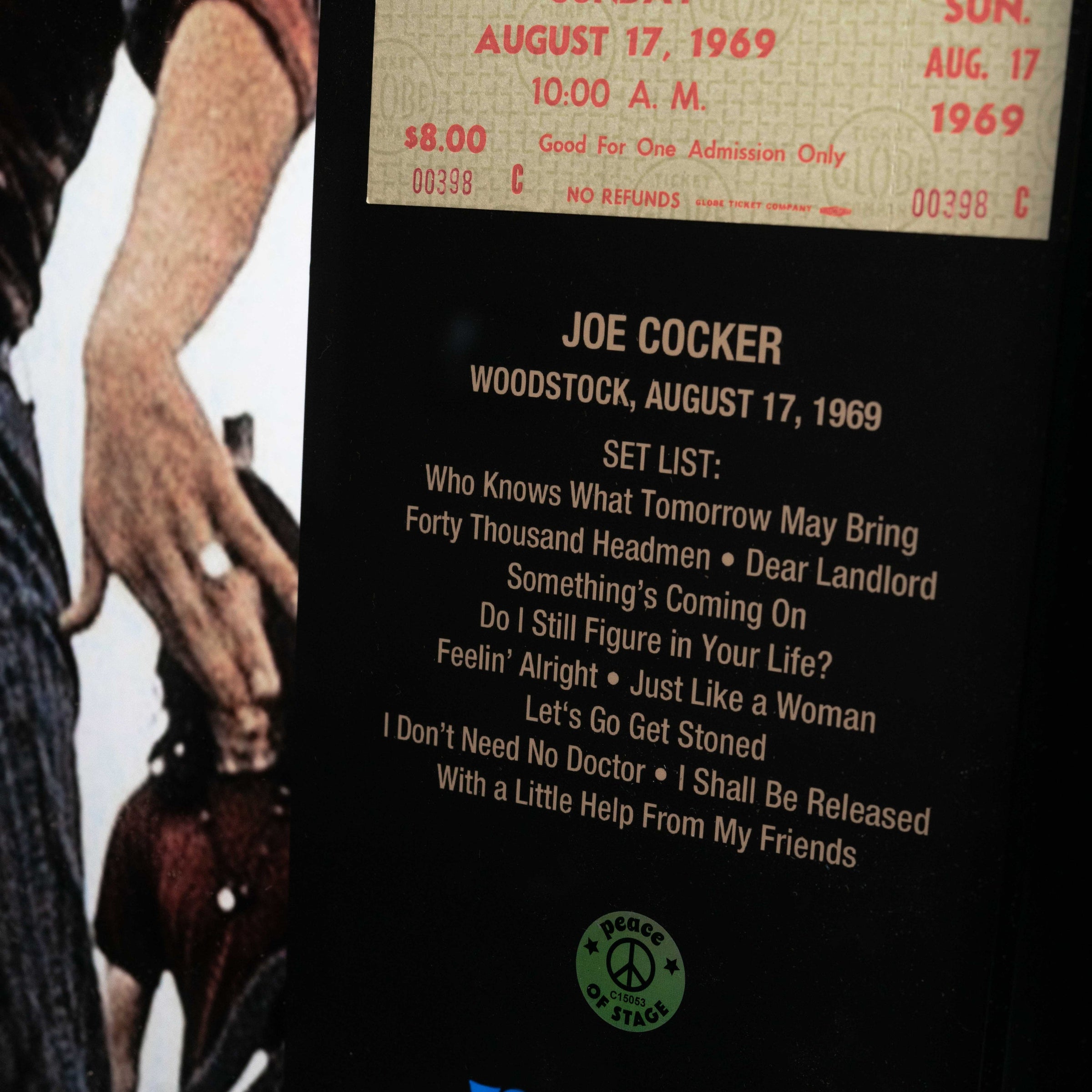 Joe Cocker Frame with Piece of 1969 Woodstock Stage and Original Ticke